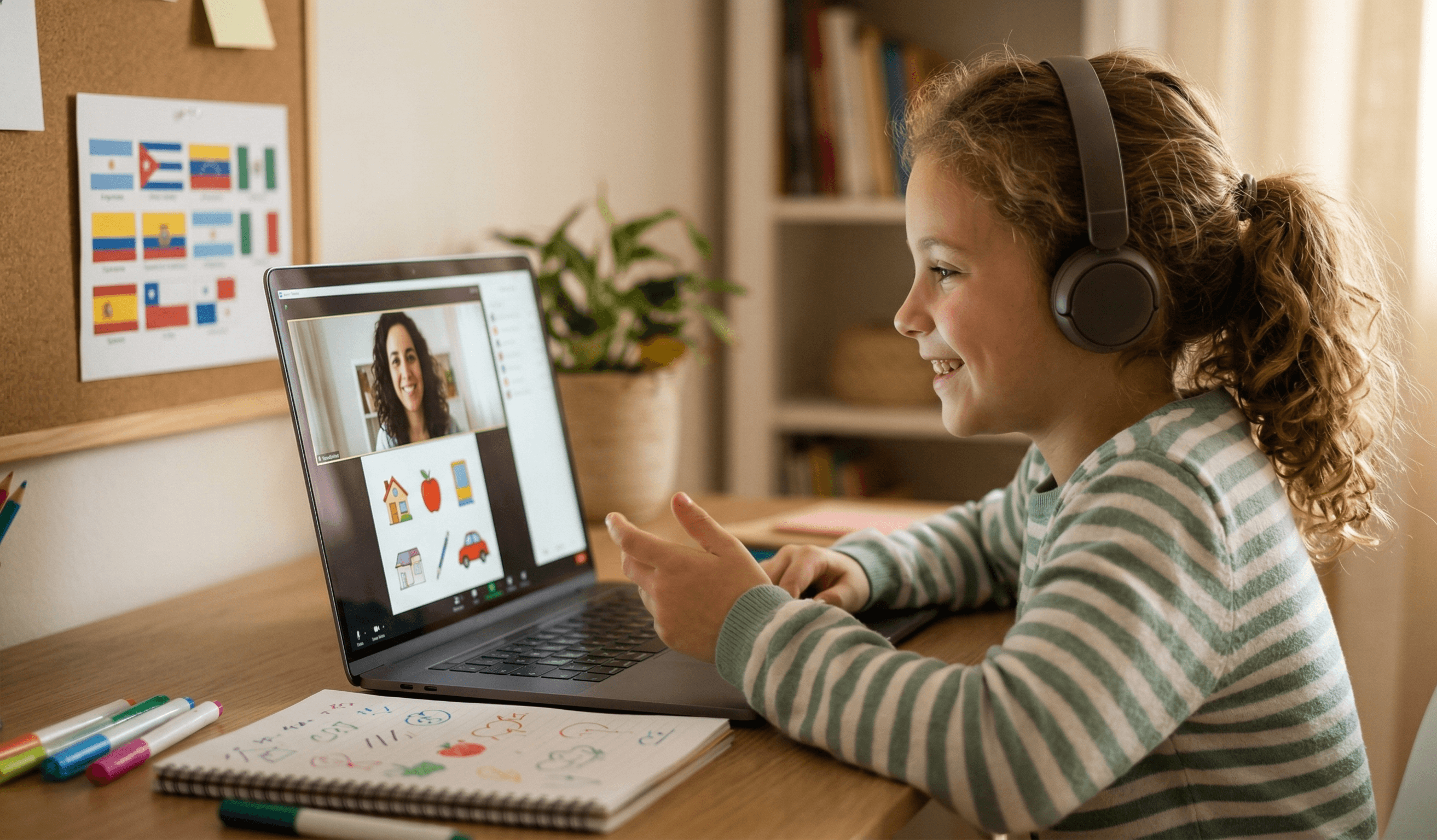 Child smiling during an online Spanish class